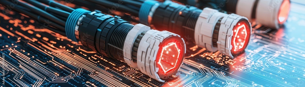 Poster a close-up view of illuminated connectors on a circuit board, showcasing advanced technology and int