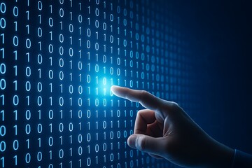Finger pointing at futuristic digital binary code screen with glowing data system technology programming information cyber security internet artificial intelligence matrix numbers concept