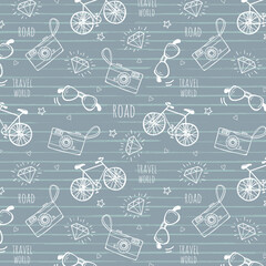 Hand drawn seamless pattern of travel summer vacation elements, luggage, map, suitcase, sea star. Doodle sketch style. Travel element drawn by digital pen. Illustration for wallpaper, background