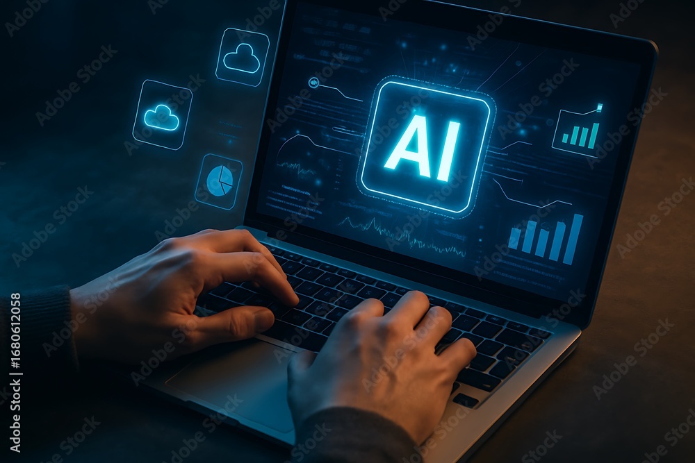 Poster futuristic laptop screen displaying ai technology, cloud computing, and data analytics with a person