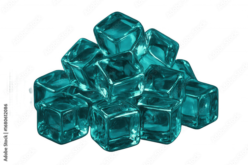 Poster turquoise ice cubes stacking neatly, creating frosty geometric pattern against transparent backdrop,