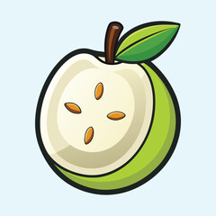 Illustration of a sliced open guava fruit with seeds and leaves