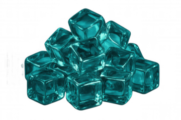 Turquoise ice cubes stacking neatly, creating frosty geometric pattern against transparent backdrop, enhancing summer beverage presentations