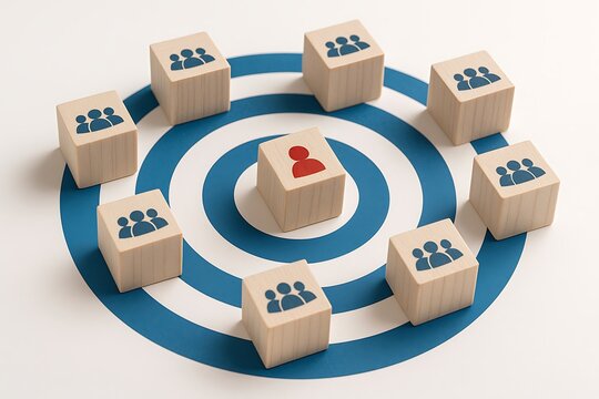 Wooden cubes with people icons inside target bullseye circle representing customer focus business marketing audience segmentation human resource management networking leadership team identity concept
