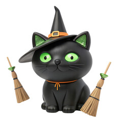 Obraz premium halloween black cat decor A black cat wearing a witch hat with green eyes and two brooms beside it.
