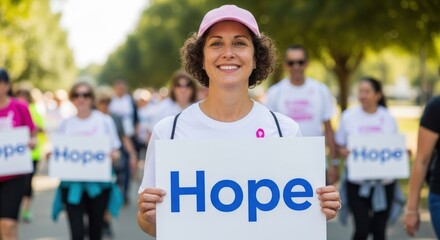 A woman in a pink hat holding a sign that says 'Hope' at a breast cancer awareness walk.