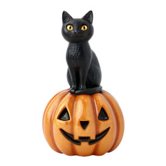 halloween black cat decor A black cat sits atop a carved pumpkin, embodying a festive Halloween spirit.