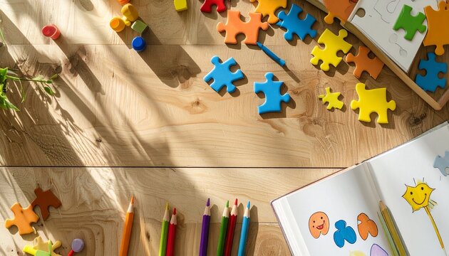 Educational Puzzle Pieces and Colorful Pencils on Wooden Table, Creating a Playful and Inspiring Learning Space, Children's Playtime Arrangement with Vivid Colors and Warm Light