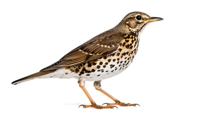 Side view of a small brown and white bird