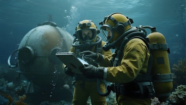 Astronauts in underwater training, examining data on a tablet near a submerged structure. - Powered by Adobe