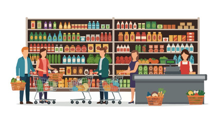 Flat vector illustration of a supermarket interior with shoppers pushing carts and carrying baskets, shelves filled with groceries and products, cashier at checkout counter