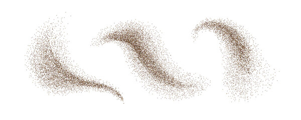 Brown coffee powder vector illustration set. Cocoa particles design element collection. Splash of sand texture