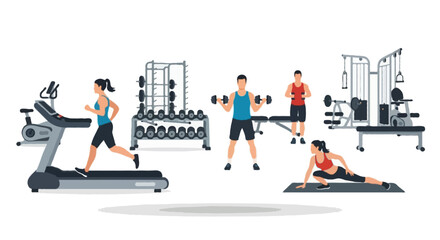 Flat vector illustration of a gym interior with people exercising on treadmill, lifting dumbbells, and stretching on yoga mats, fitness equipment like weights and benches in background