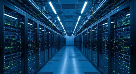 Long corridor in data center with server racks. Information technology infrastructure for big data storage. Cloud computing and network concept.