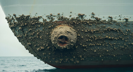 Detail of a ship's bulbous bow completely covered with a thick layer of barnacles and marine biofouling