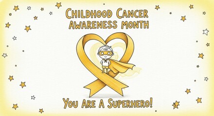 Smiling child superhero with yellow cape inside a golden awareness ribbon, symbolizing hope and strength for Childhood Cancer Awareness Month in September.