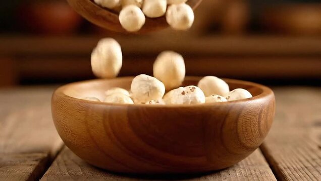 Slow motion roasted makhana falling into a wooden bowl on rustic table with natural light, showcasing healthy organic snack in cinematic food footage
