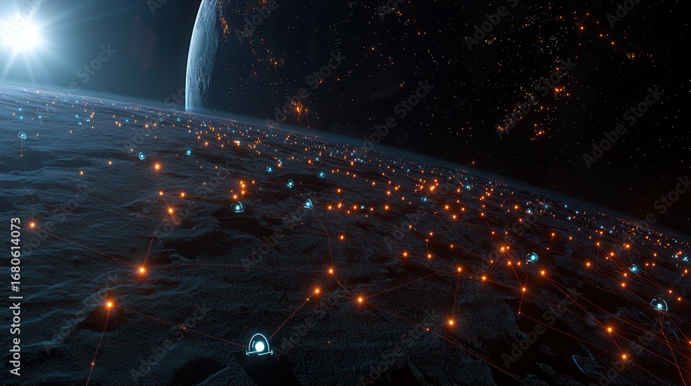 Poster a futuristic view of a celestial landscape with interconnected lights illuminating the surface, show