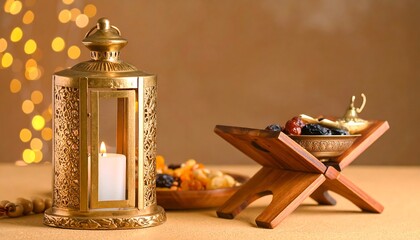 Festive still life with lantern, dried fruit, and incense burner