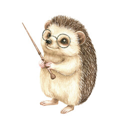 Cute hedgehog with magic wand and glasses. Watercolor hand-drawn kid's illustration isolated on white background. Kind character. Wizard school design element for invitation, poster, card, sticker.