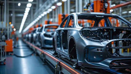 A cinematic view of a car frame being assembled on an advanced production line, surrounded by neatly arranged industrial machinery and equipment. Selective focus with shallow depth of field highlights