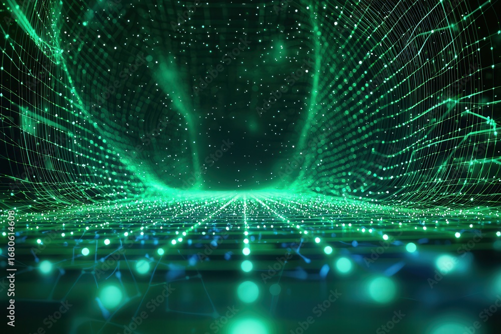 Poster a digital landscape with glowing green lines and dots, creating a futuristic, cybernetic environment