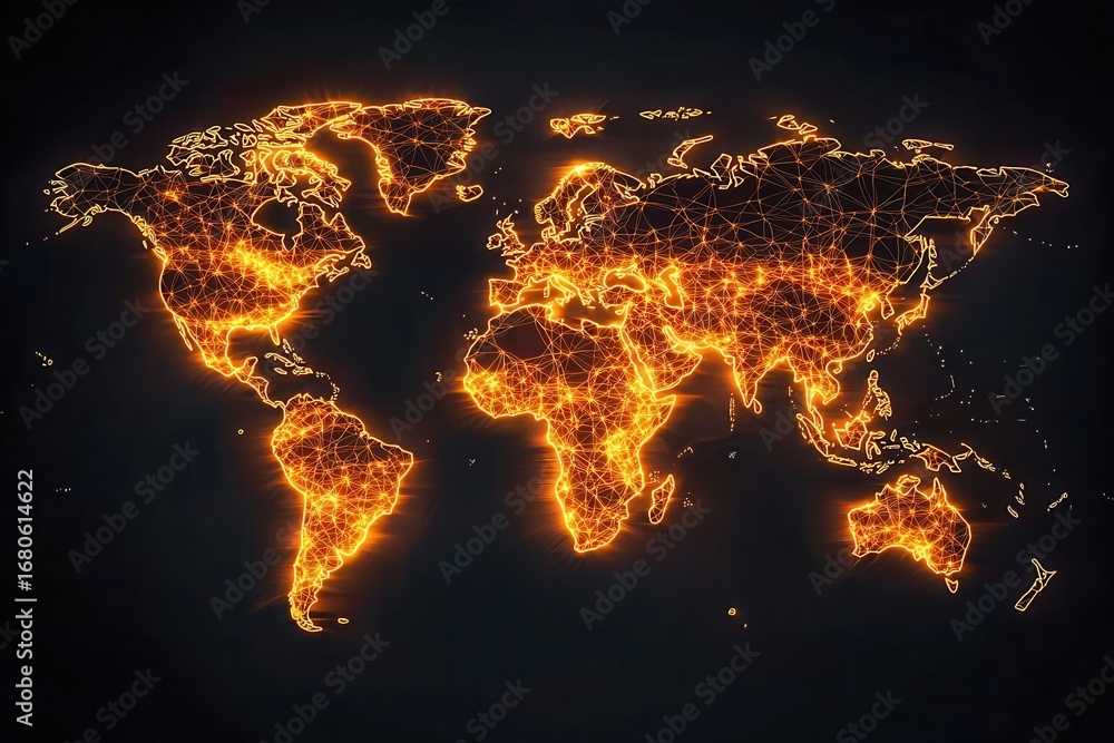 Poster a glowing map of the world, intricately connected by luminous lines, symbolizing global connectivity