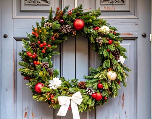 Festive Christmas wreath adorned with greenery, pinecones, berries, and ornaments, beautifully displayed on a gray door.