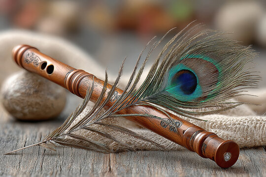 a beautiful flute with a single peacock feather at the end of flute.