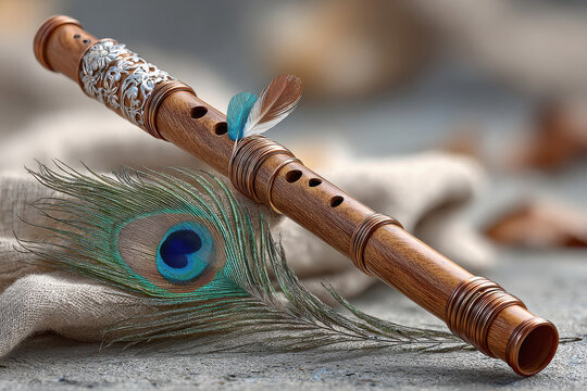 a beautiful flute with a single peacock feather at the end of flute.