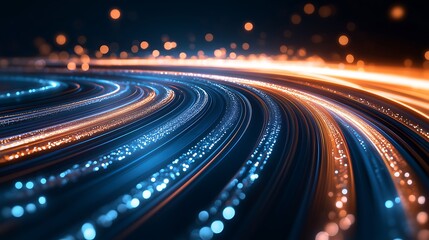 Abstract Light Trails & Data Flow, Blue/Orange Curves/Particle Tracks, Dark Background with Right Convergence