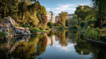 Serene park scene with a tranquil pond reflecting buildings and lush green trees around it