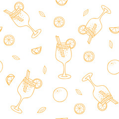 Cocktail Seamless pattern. Aperol Spritz and orange fruit. Hand drawn graphic illustration in Doodle style in orange color. For textile and paper prints, bar designs.