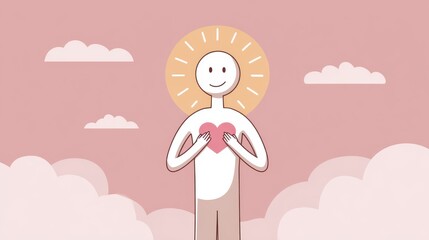 An illustration in cartoon style of a white character holding its chest with a glowing heart inside, symbolizing self-acceptance.