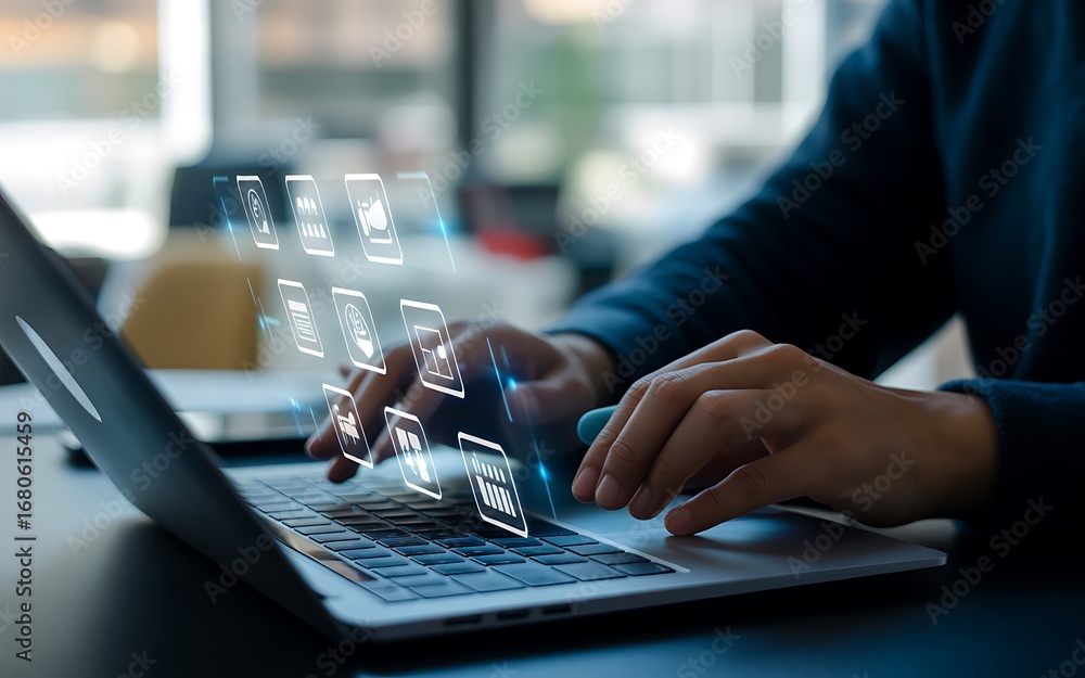 Poster digitization and data transfer conceptual illustration, person using a laptop with digital documents