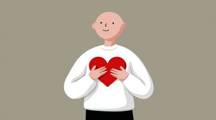 An illustration in cartoon style of a white character holding its chest with a glowing heart inside, symbolizing self-acceptance.