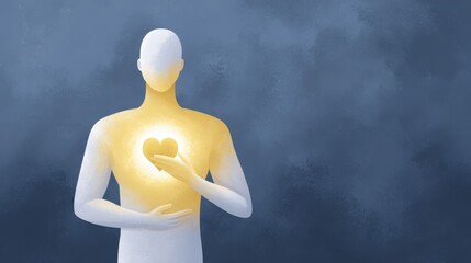 An illustration in cartoon style of a white character holding its chest with a glowing heart inside, symbolizing self-acceptance.