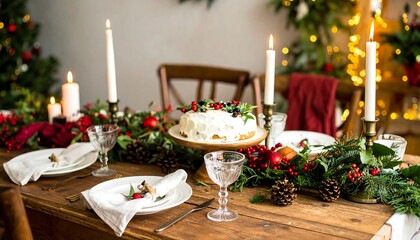 Festive table setting with cake, candles, and greenery (1)