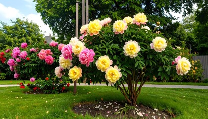 Fototapeta premium Lush peony bushes in a garden setting. Colorful blossoms and greenery