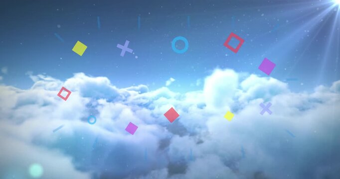 Digital animation of colorful geometric shapes moving in loop against cloudy sky, copy space