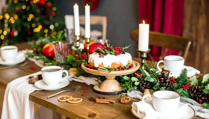 Festive table setting with cake, candles, and greenery