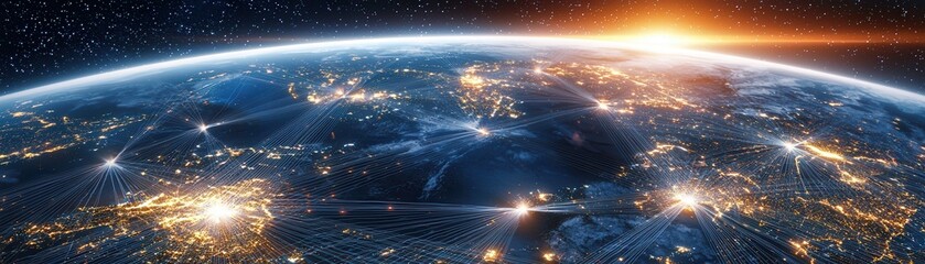 A stunning view of Earth from space, showcasing illuminated cities and a sunrise over the horizon, highlighting the planet's beauty and interconnectedness.