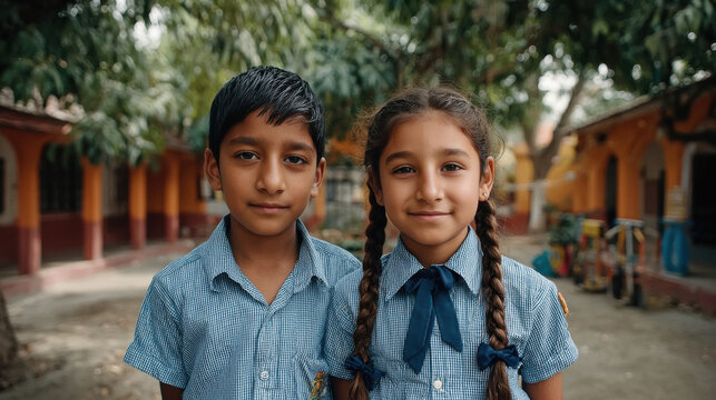 indian school boy and girl standing together - Powered by Adobe