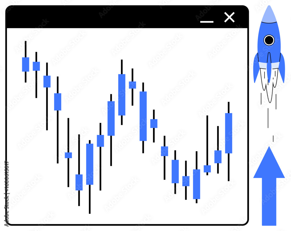 Aufkleber candlestick chart in a window representing stock trading analysis, paired with a rocket and upward a