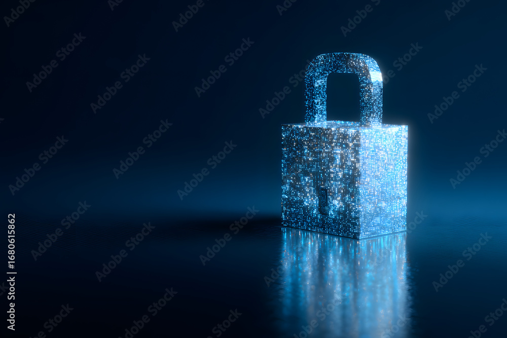 Poster cyber security concept and digital data protection wth a locker in a blue backround created with a g