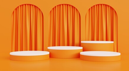 White and orange podium, orange background with curtains for promoting popular Halloween products. 3D illustration.