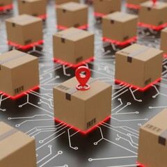 Connected cardboard boxes with location pins on a digital circuit board