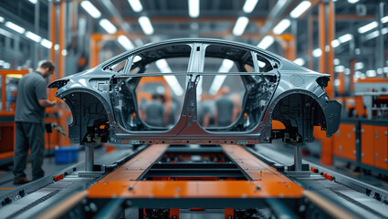 Fototapeta premium A cinematic view of a car frame being assembled on an advanced production line, surrounded by neatly arranged industrial machinery and equipment. Selective focus with shallow depth of field highlights