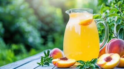 A jug of peach iced tea on a porch table, peach slices around, copy space on the right,