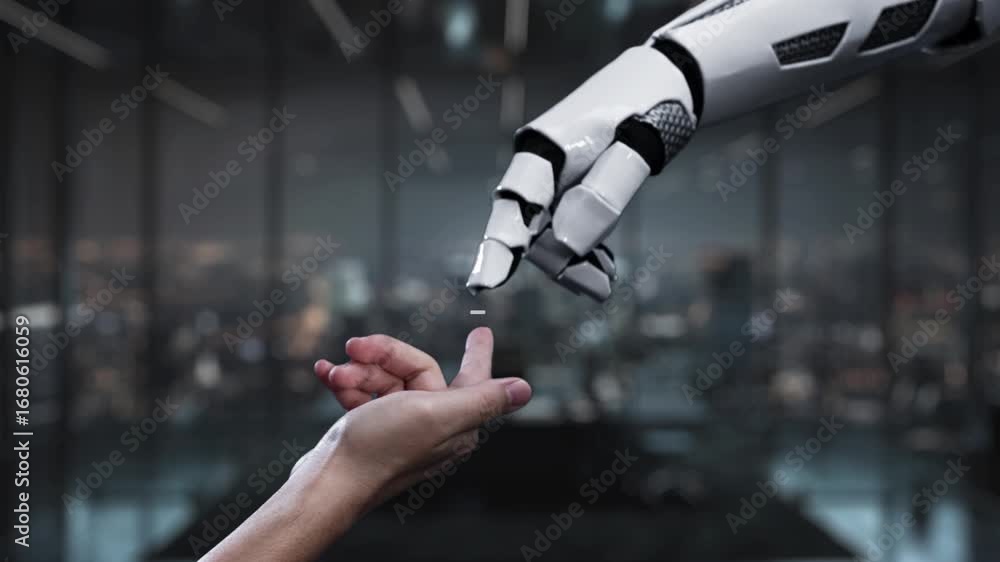 Poster a robotic hand reaches toward digital icons in a sleek office, symbolizing the integration of techno